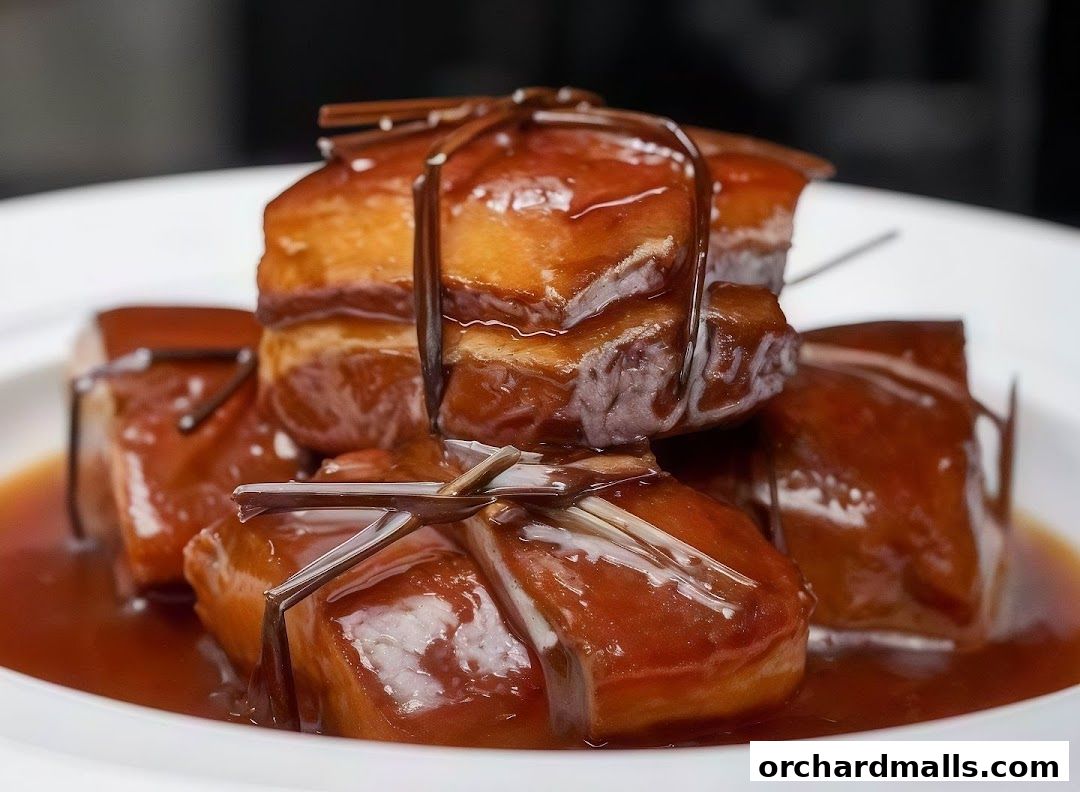 A close-up shot of braised pork belly cubes in a rich, glossy sauce, tied with thin strings.