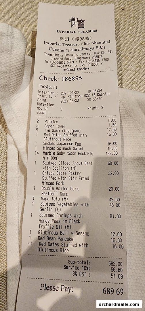 A receipt from Imperial Treasure Fine Shanghai Cuisine detailing a meal for five guests.