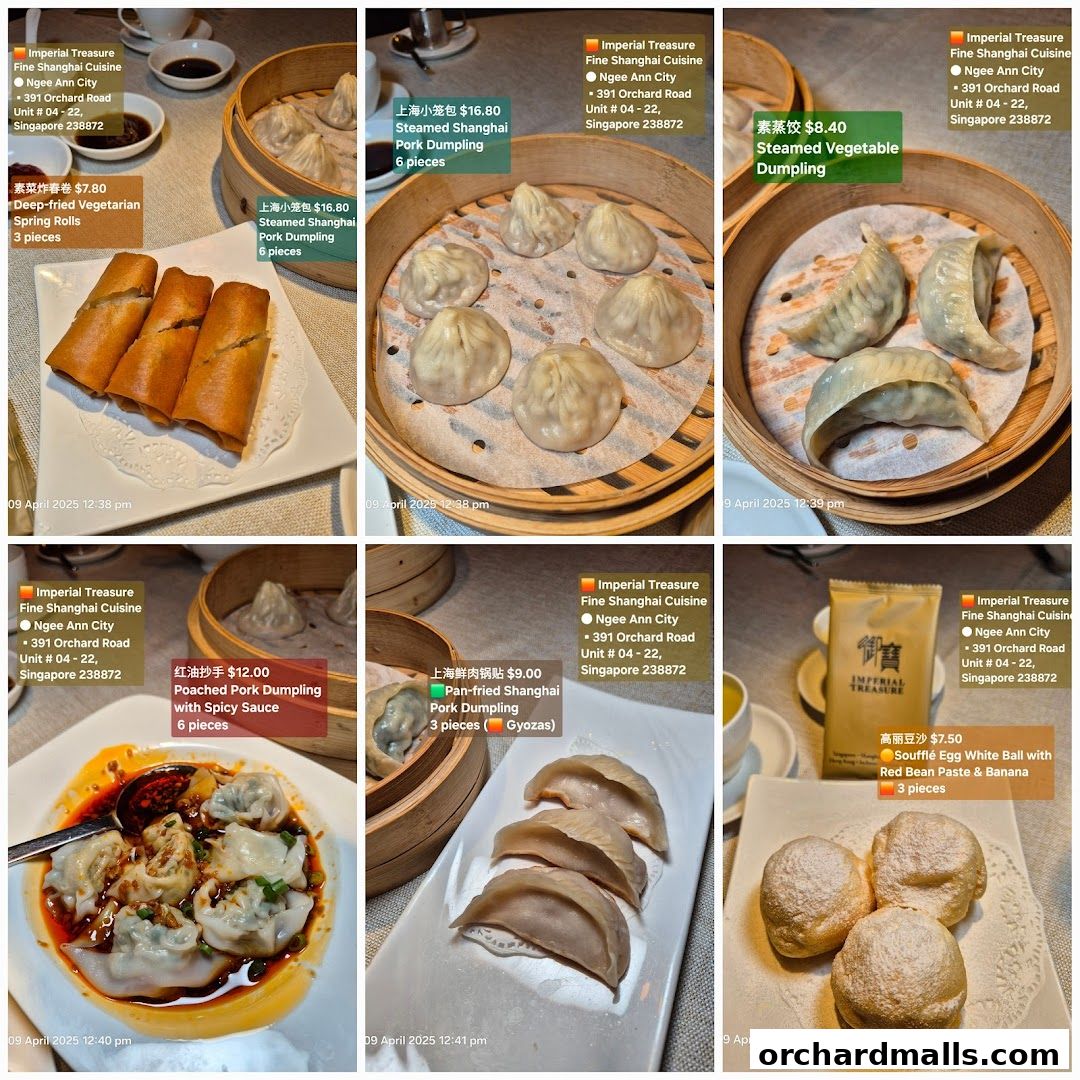 A collage of dishes from Imperial Treasure Fine Shanghai Cuisine, showcasing dumplings, spring rolls, and dessert.