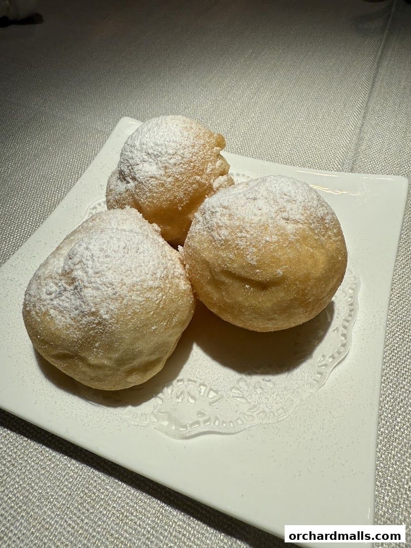 Three golden-brown fried dough balls dusted with powdered sugar on a white plate.