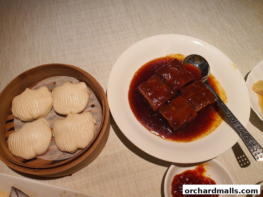 A close-up of delicious Shanghai cuisine, featuring steamed buns and braised pork belly.