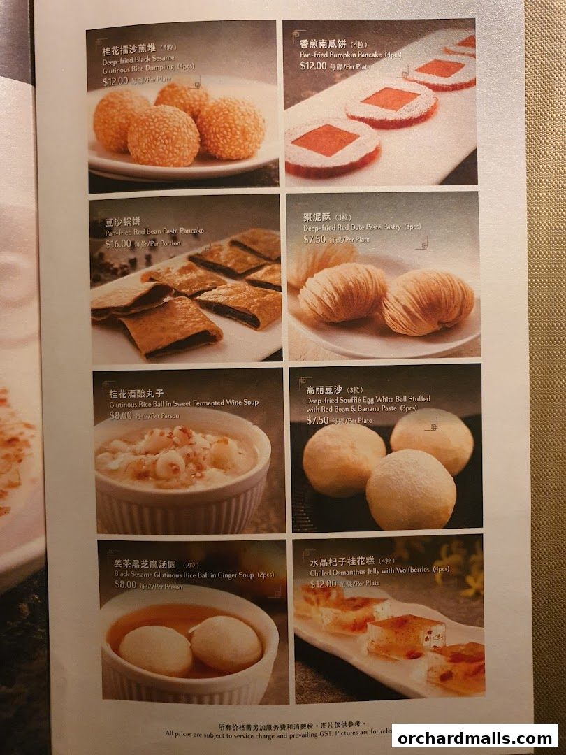 A menu page showcasing various Chinese desserts and pastries with images and prices.