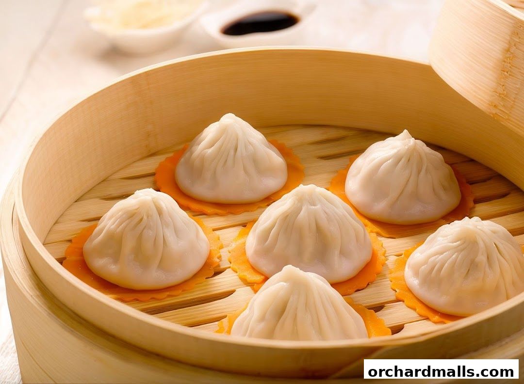 Steaming hot soup dumplings served in a bamboo steamer with dipping sauce.