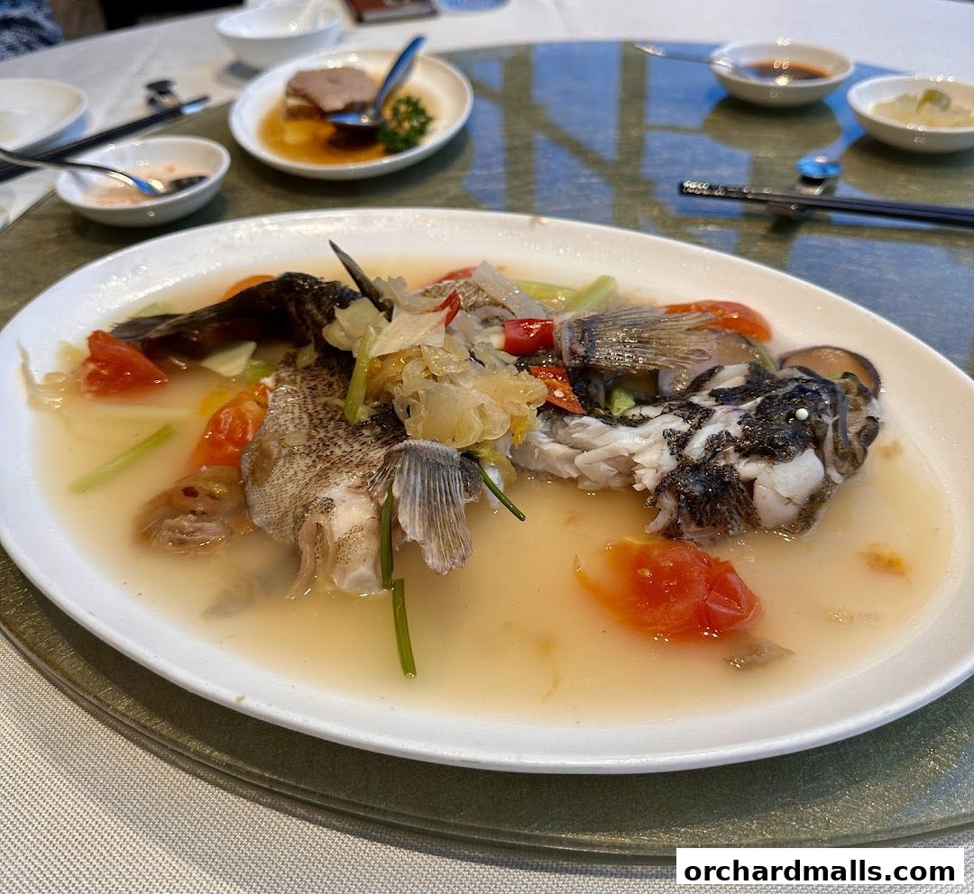 A close-up of a Teochew-style steamed fish dish with tomatoes and scallions.