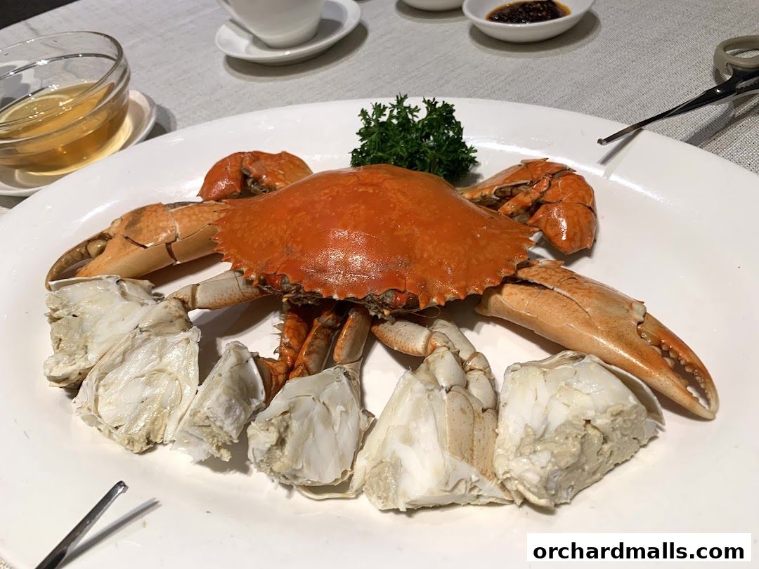 A whole steamed crab, expertly prepared and presented with its shell and meat separated.