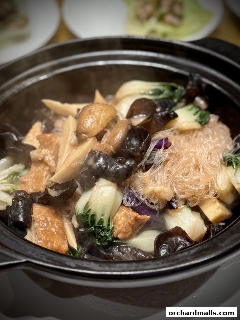A steaming hot pot filled with various ingredients including mushrooms, bok choy, tofu, and vermicelli noodles.