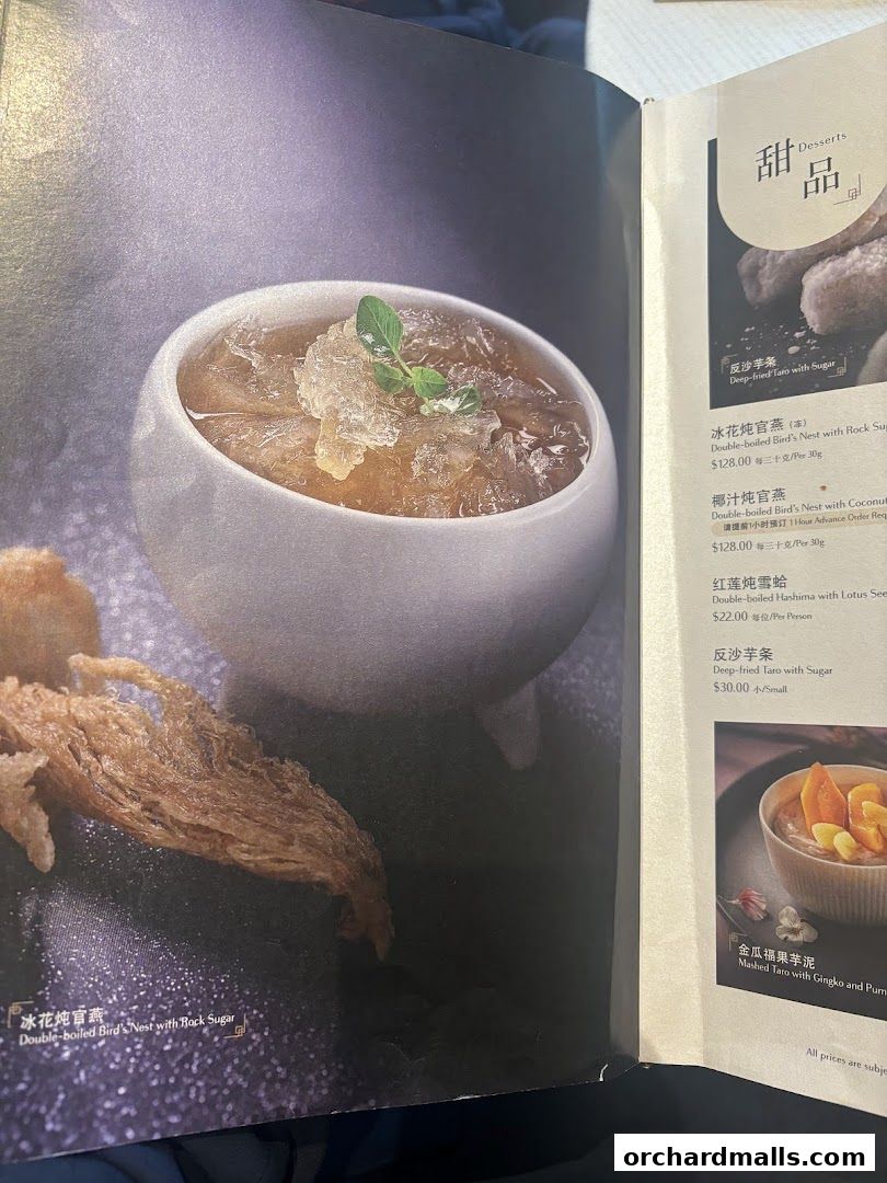 A menu page showcasing desserts, including bird's nest and taro dishes.