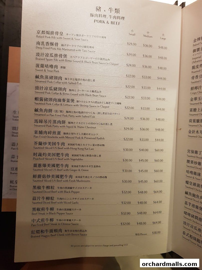 Menu page for Imperial Treasure Super Peking Duck