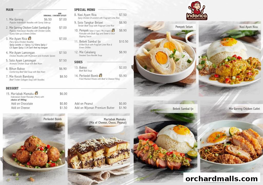 Menu page for indorica, Traditional Indonesian Food 313Somerset