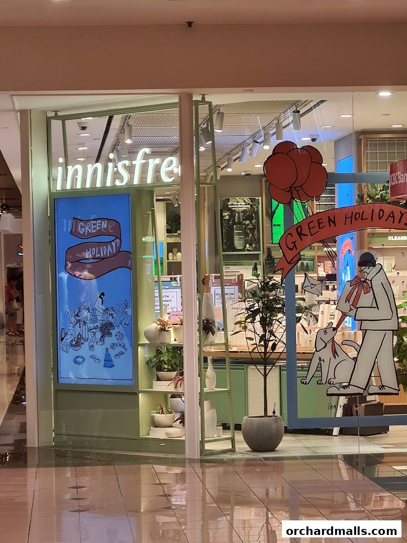 Innisfree store front with 'Green Holiday' display and product shelves.