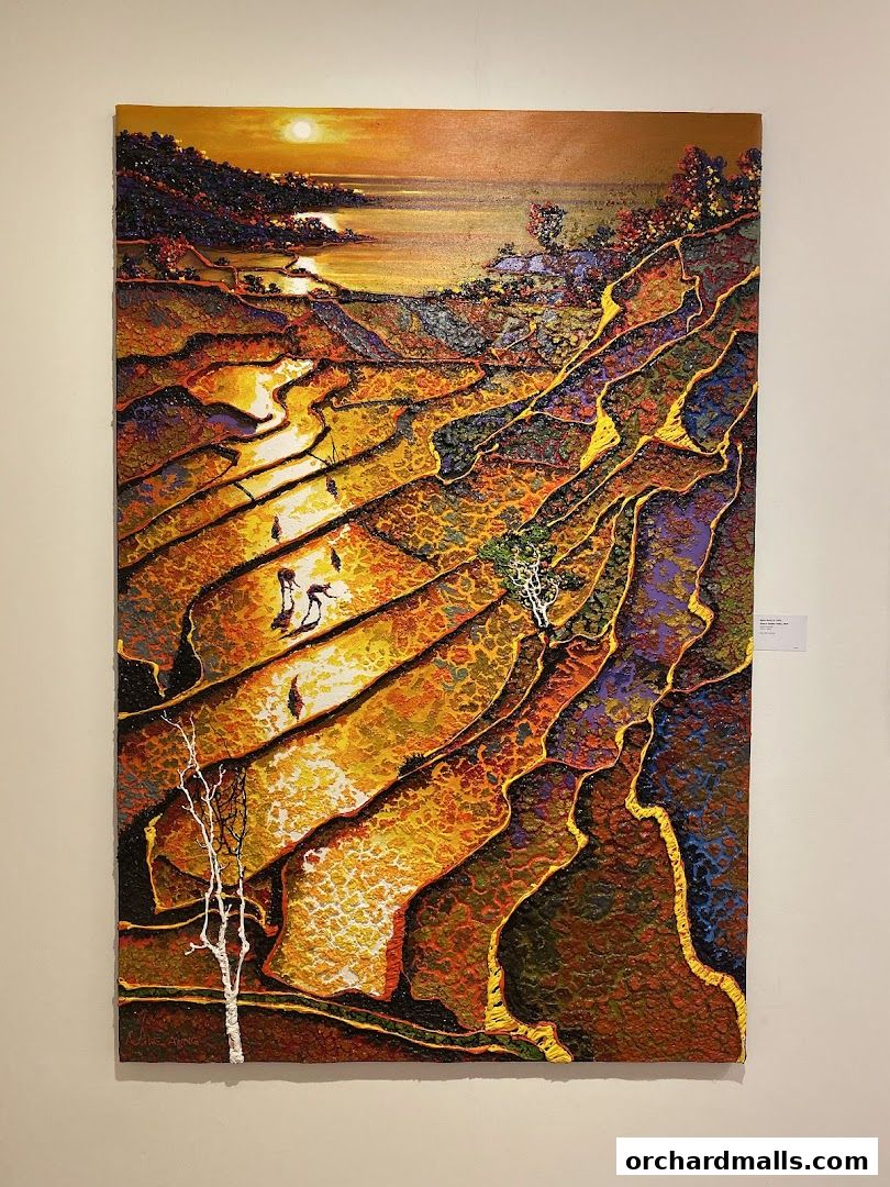 A vibrant textured painting of terraced fields at sunset with figures working.