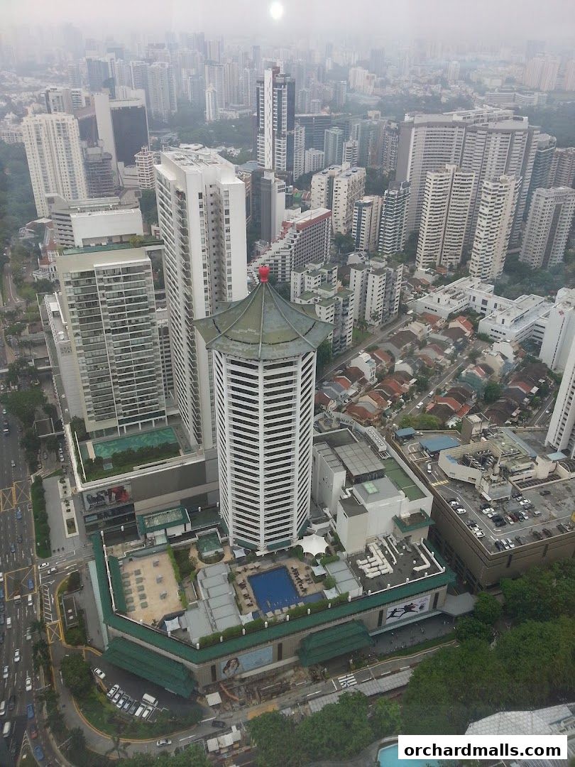 Aerial view of a city skyline with a prominent building featuring a pagoda-style roof.