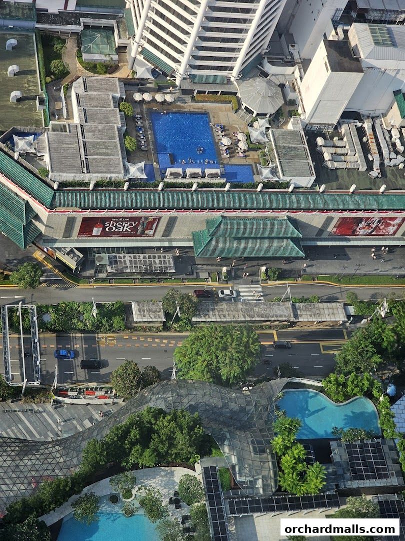 Aerial view of a city with a swimming pool, buildings, and a street.