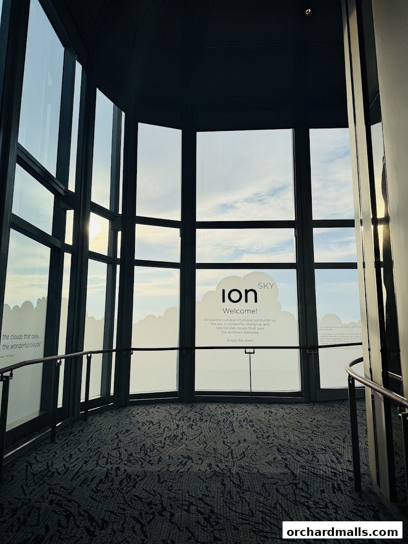 Interior view of ION Sky with large windows offering a panoramic view of the sky and city.