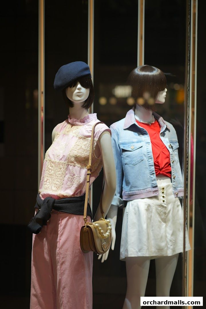 Mannequins in a shop window display showcasing stylish outfits and accessories.