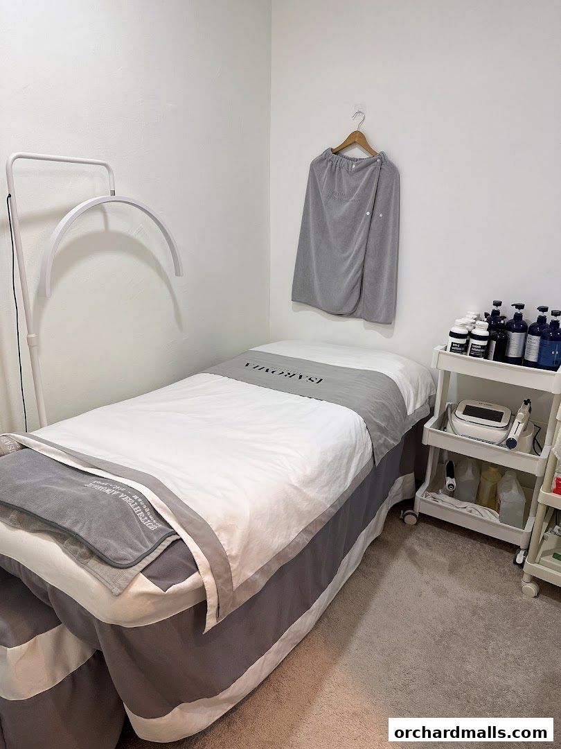 A treatment room with a bed, lamp, and aesthetic equipment.