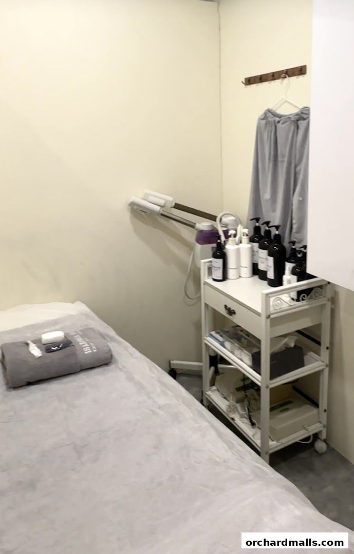 A treatment room with a bed, facial steamer, and product cart.