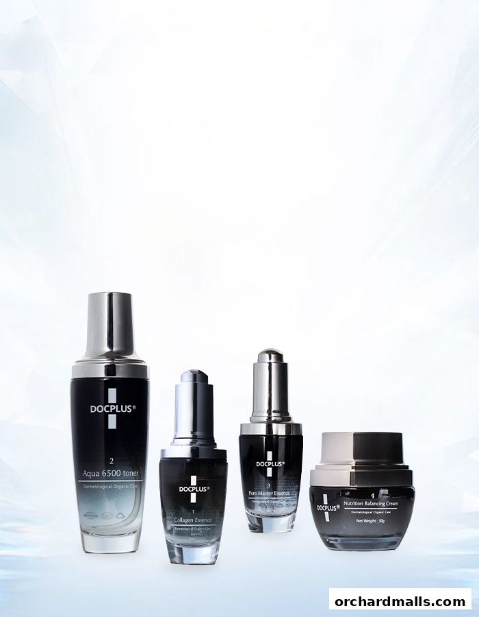 A collection of four premium skincare products from DOCPLUS, including toner, essence, and cream.