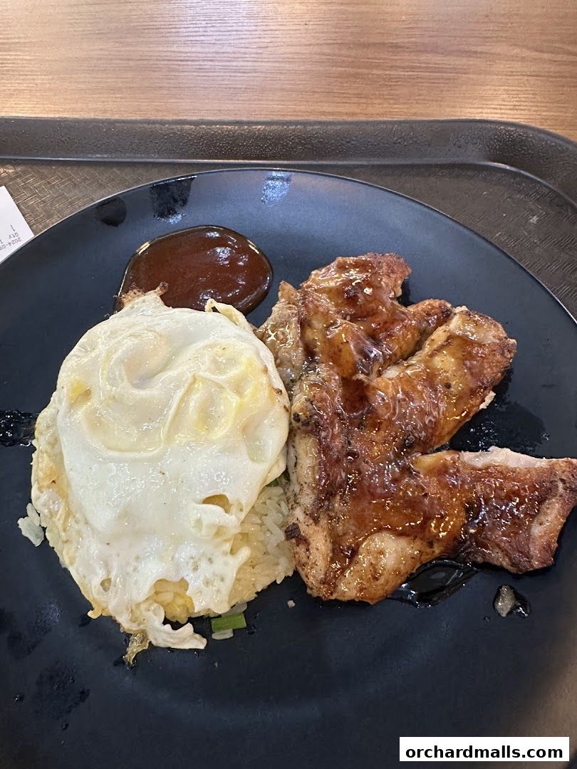 A plate of fried rice topped with a fried egg and glazed chicken, served with sauce.