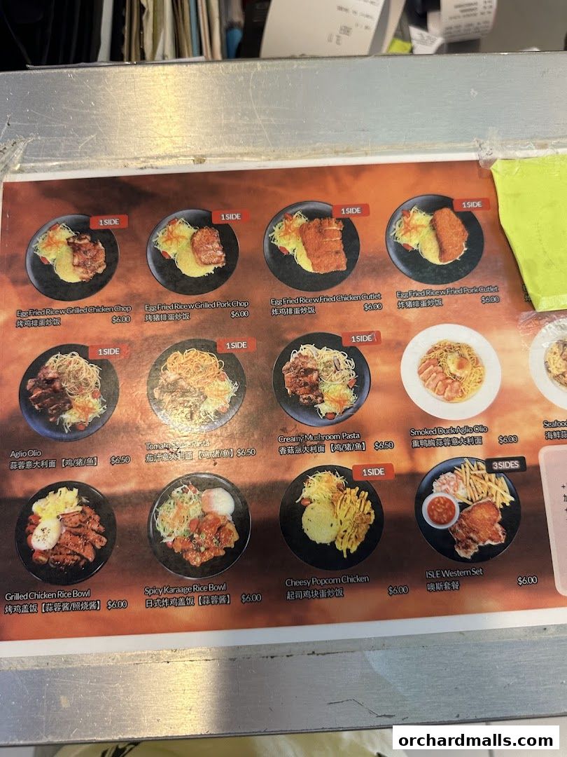 A menu displaying various rice bowls, pasta dishes, and western sets with prices.