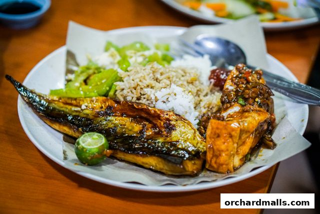 A plate of food featuring grilled fish, rice, vegetables, and tofu.