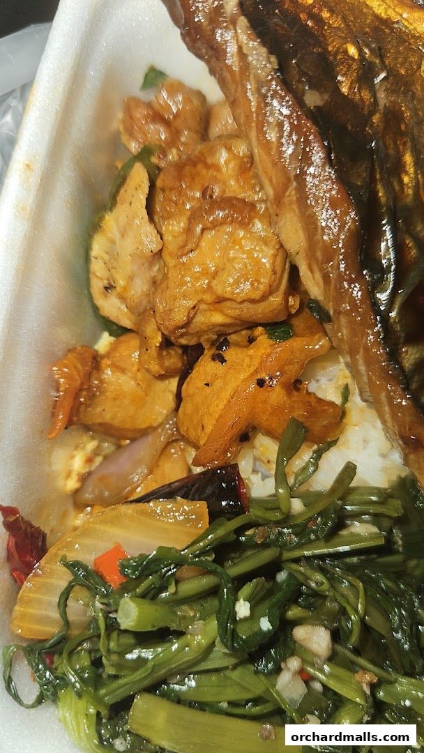 A close-up of a takeaway meal with rice, stir-fried vegetables, and fish.