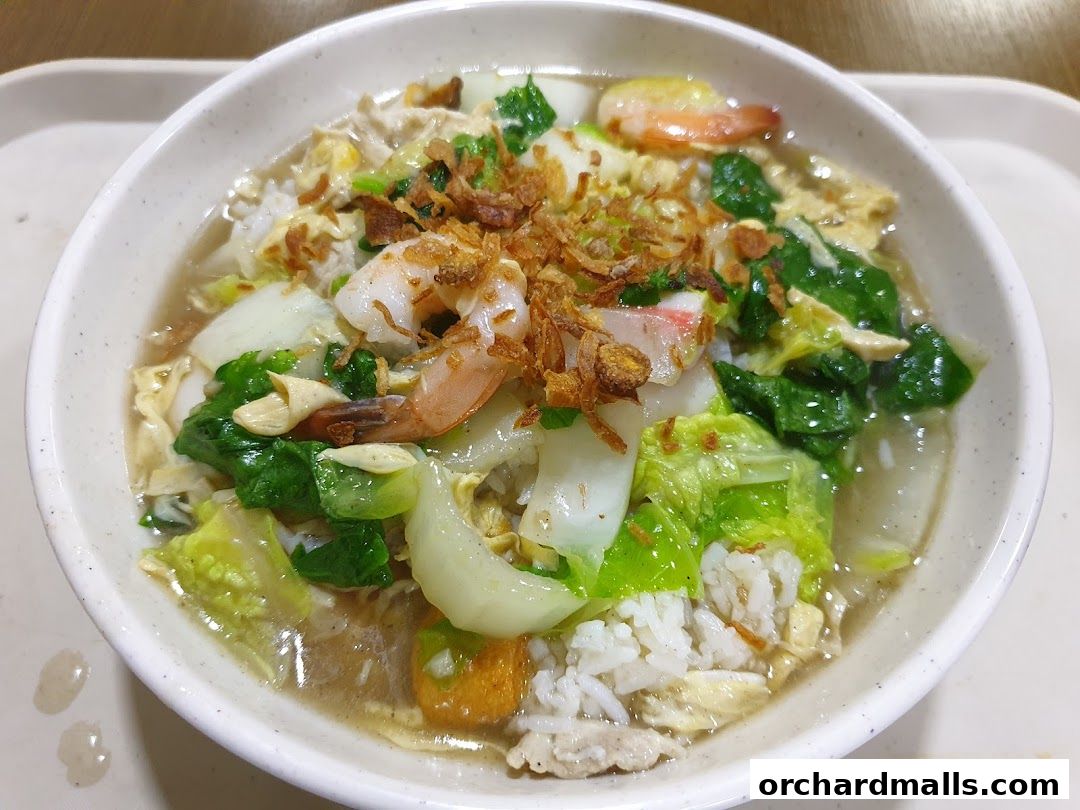 A close-up of a bowl of rice with soup, vegetables, shrimp, and crispy fried onions.
