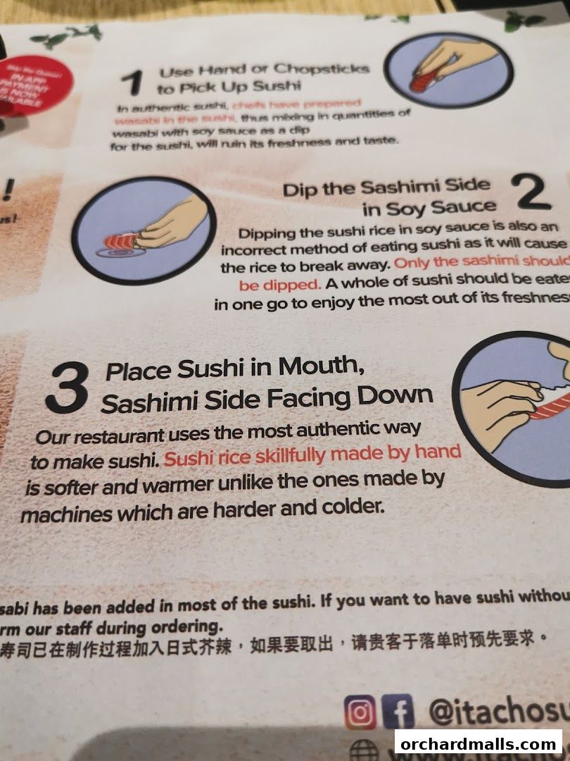 Instructions on how to eat sushi, with illustrations and text.