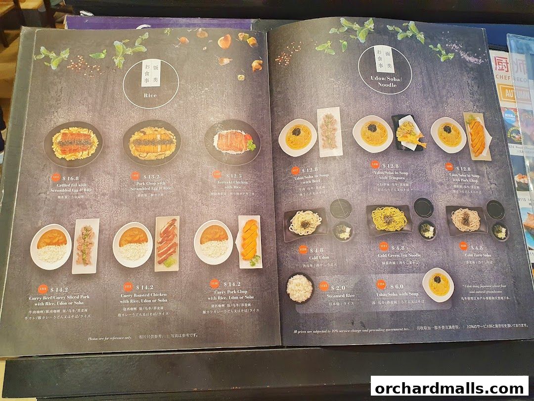 A menu from Itacho Sushi featuring rice dishes, udon, soba, and noodles with prices.