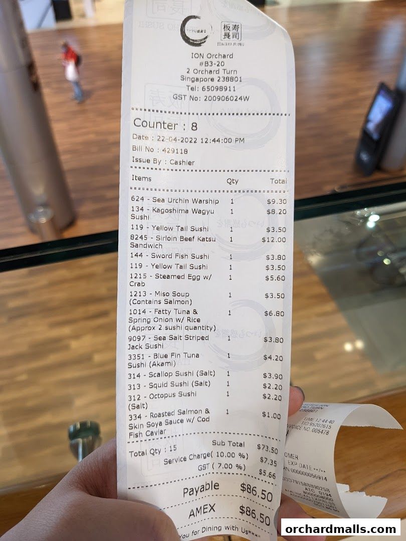 A receipt from Itacho Sushi showing a list of sushi items and their prices.