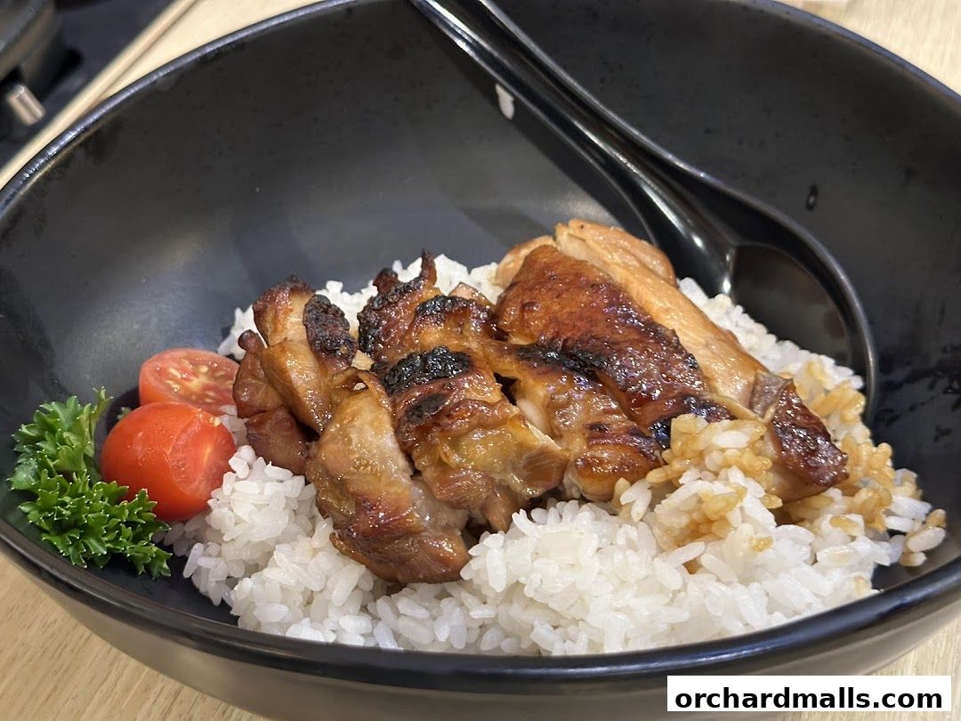 A bowl of teriyaki chicken with rice, cherry tomatoes, and parsley.