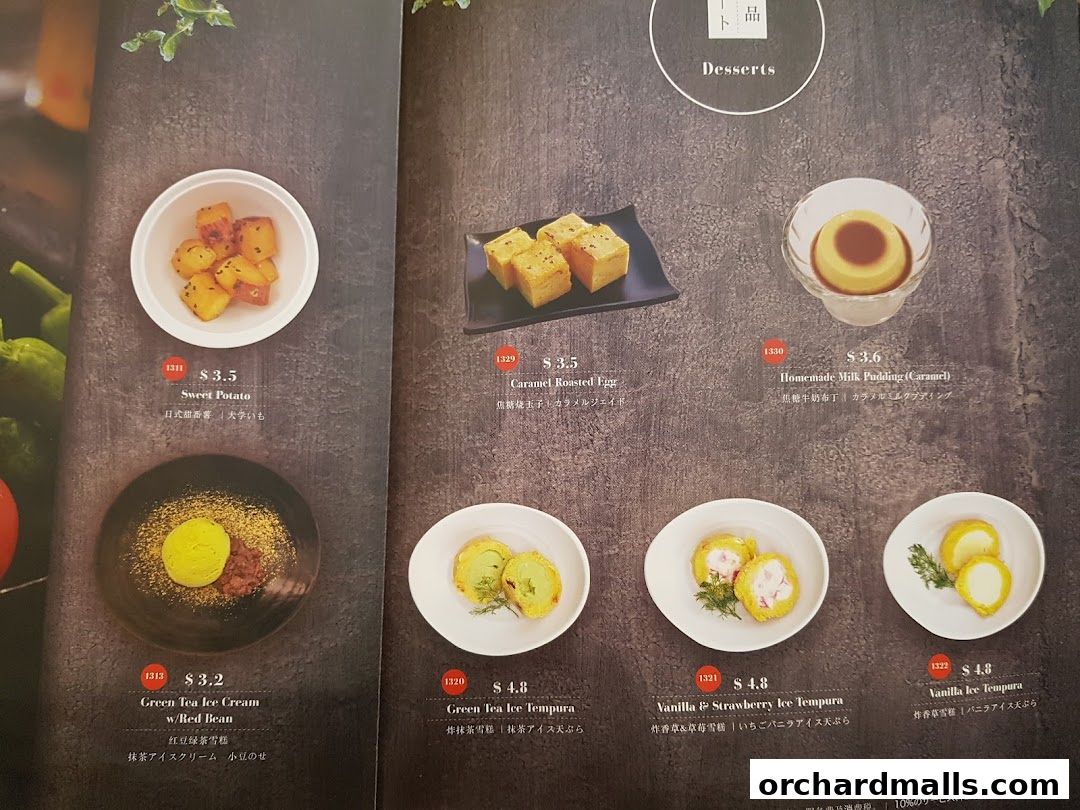 A menu page showcasing various Japanese desserts including sweet potato, ice cream, and tempura.