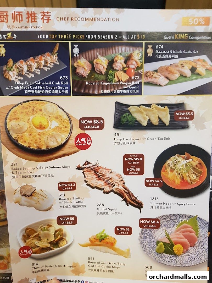 A menu featuring various sushi dishes, including crab rolls, wagyu beef, and sashimi, with prices and descriptions.