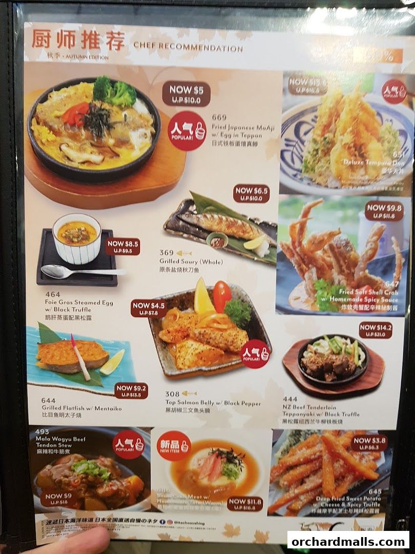 A menu from Itacho Sushi featuring various Japanese dishes with prices and descriptions.