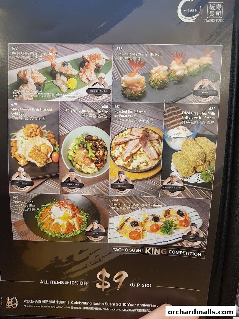 A menu from Itacho Sushi showcasing various sushi and rice dishes with enticing images.