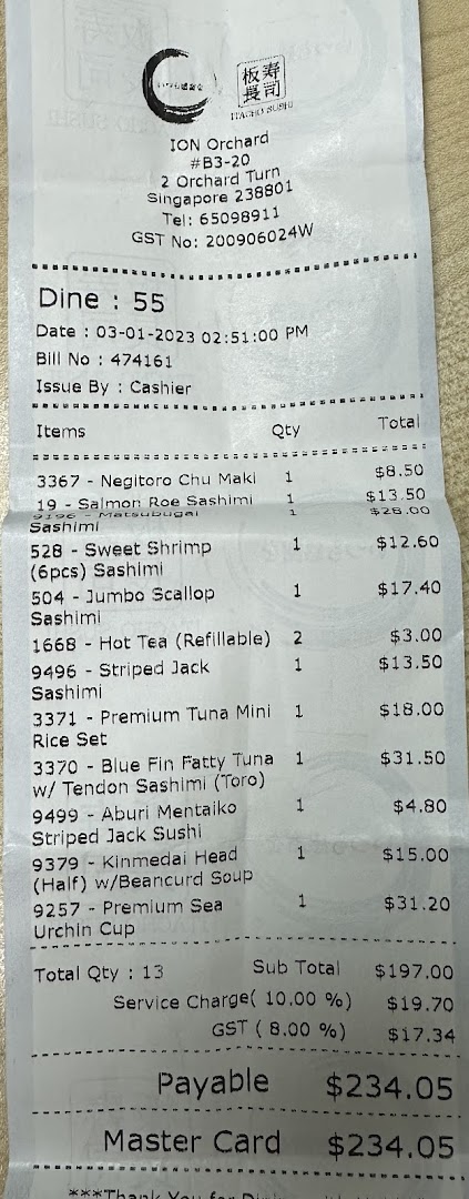 Menu page for Itacho Sushi