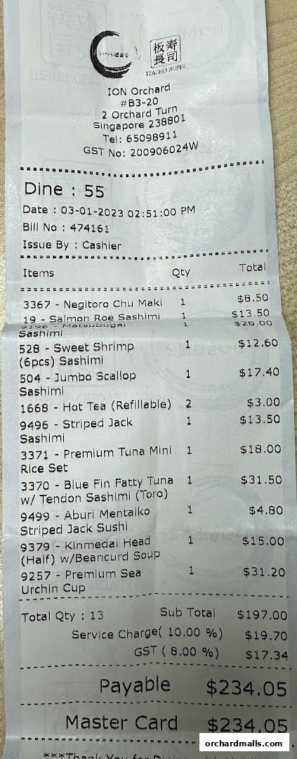 A receipt from Itacho Sushi detailing a dine-in order with various sushi items and drinks.