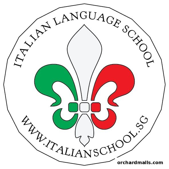 Logo for Italian Language School with a fleur-de-lis design and website address.