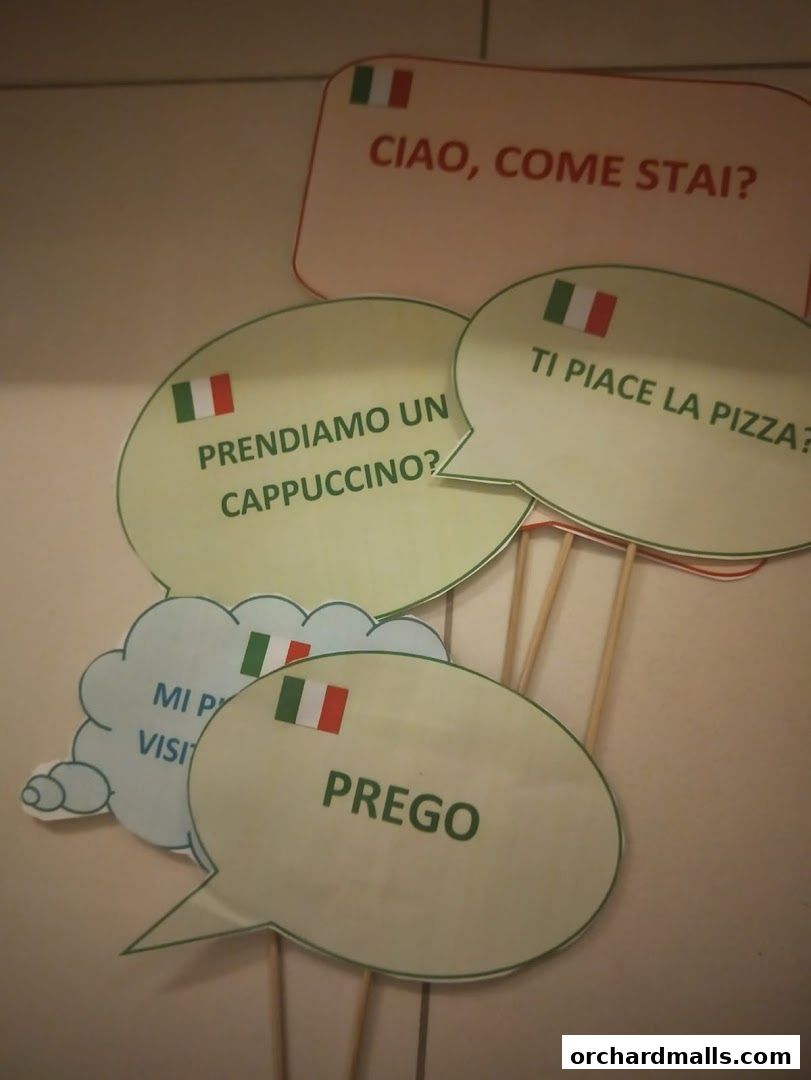 Speech bubbles with Italian phrases and flags, likely for a language school.