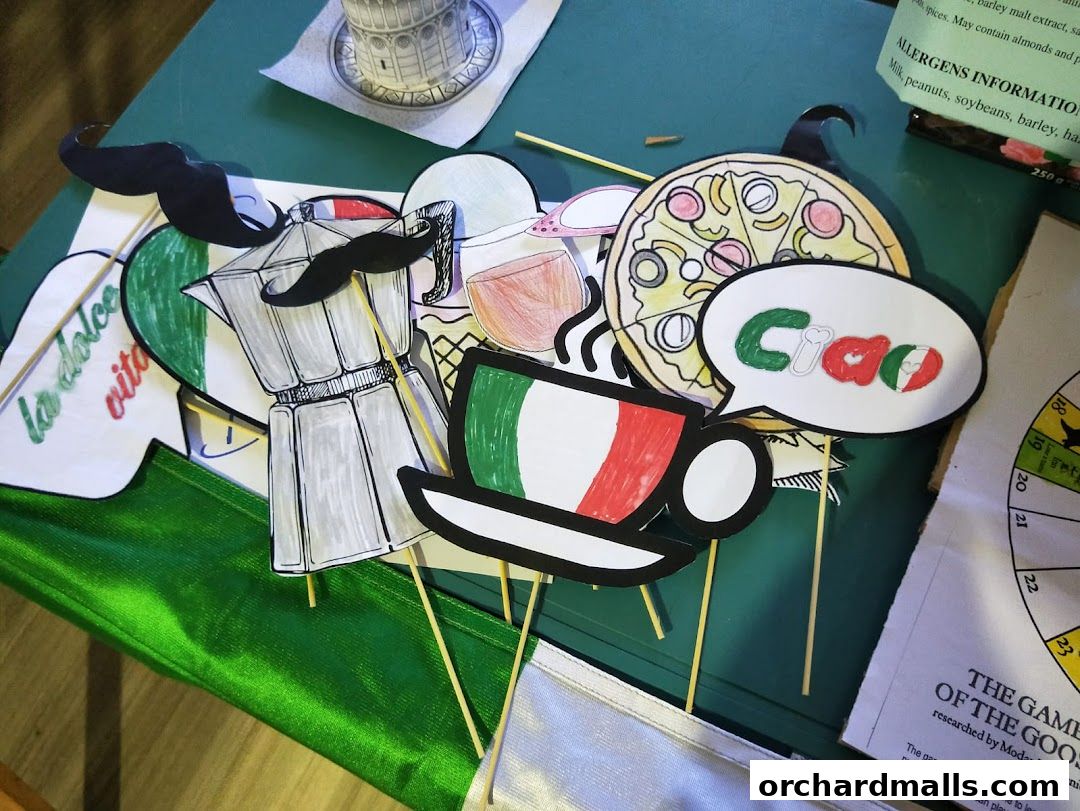 Italian-themed photo props including a coffee maker, pizza, and 'ciao' speech bubble.