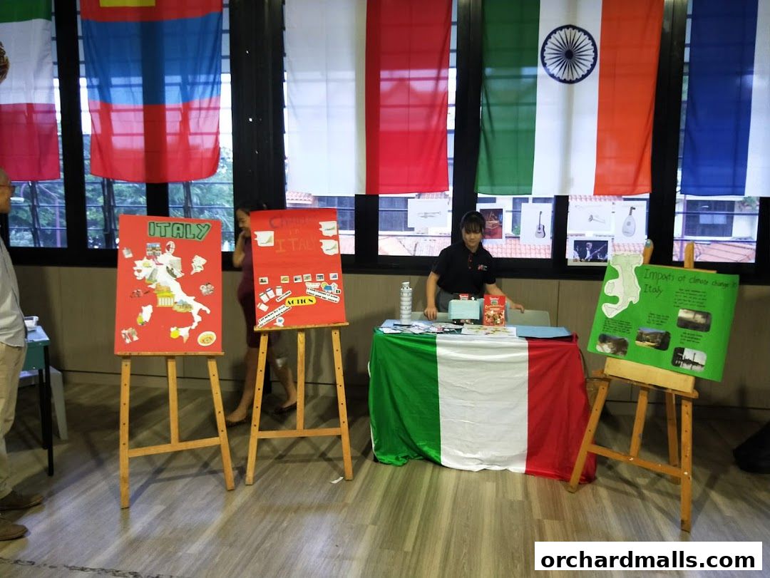 A display with Italian flags, maps, and information about Italy, likely for an Italian language school.
