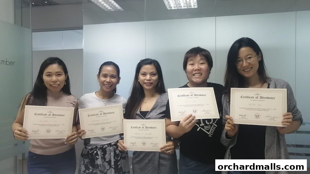 Five smiling women proudly display their certificates of attendance from the Italian Language School.