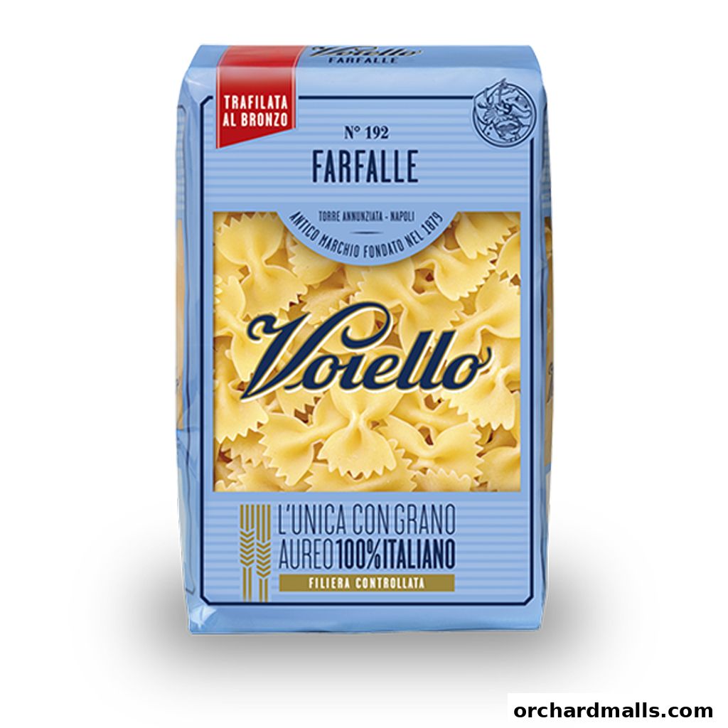 A package of Voiello Farfalle pasta, made with 100% Italian durum wheat.