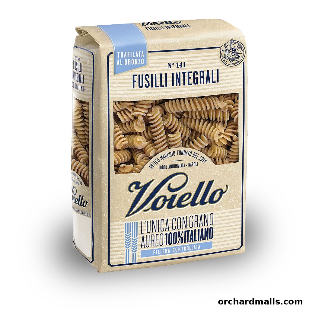 A package of Voiello Fusilli Integrali pasta, made with 100% Italian durum wheat.