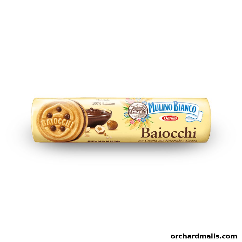 A package of Mulino Bianco Baiocchi cookies with hazelnut and cocoa cream filling.