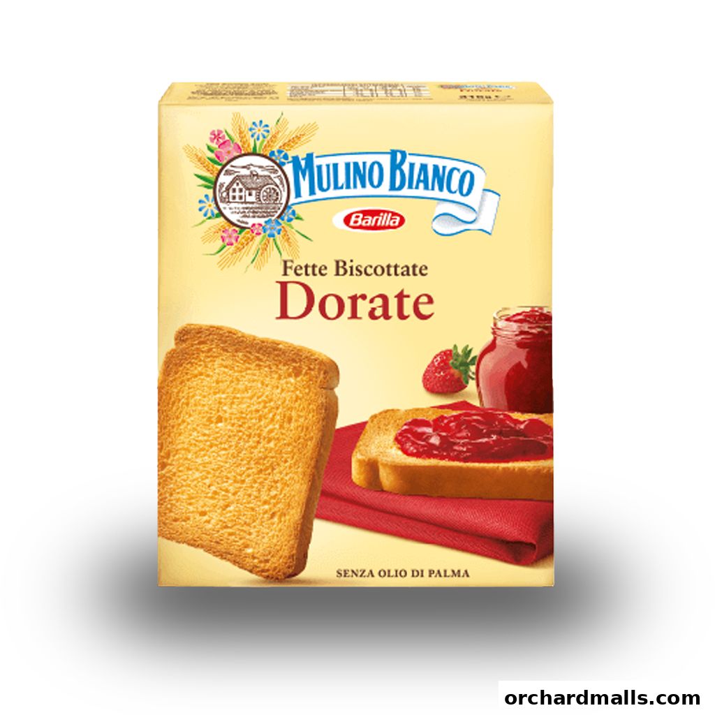 A box of Mulino Bianco Dorate Fette Biscottate with jam and strawberries.