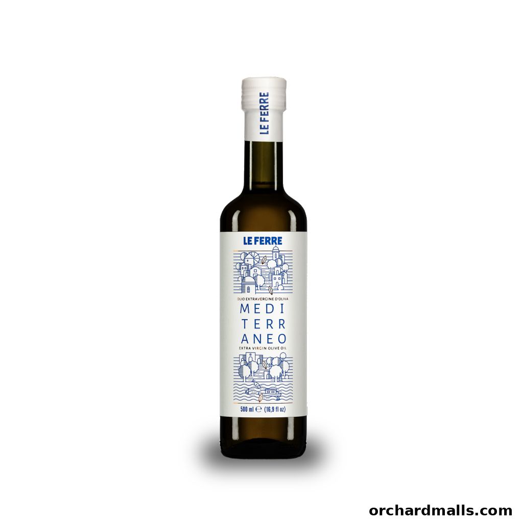 A bottle of Le Ferre Mediterraneo Extra Virgin Olive Oil with a distinctive label.