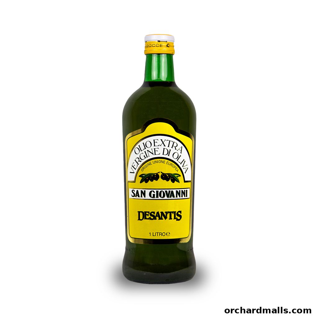 A bottle of San Giovanni Desantis extra virgin olive oil with Italian labeling.