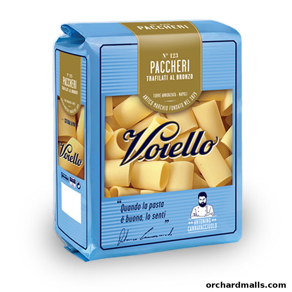 A package of Voiello Paccheri pasta, with a blue and gold design.