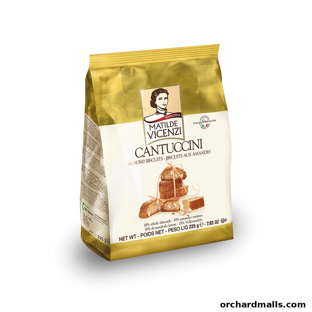 A bag of Matilde Vicenzi Cantuccini almond biscuits with an image of the biscuits.